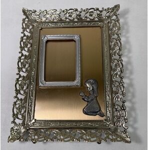 Vintage Ornate Metal Picture Frame Praying Girl Religious Decor Vignette Glam‎